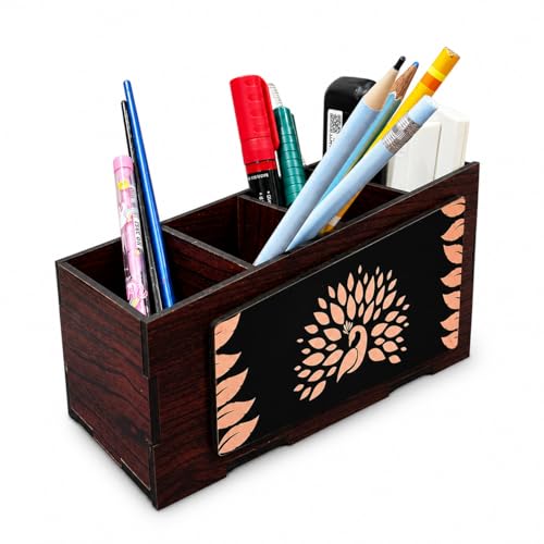 Image of Zesta Wooden Desk Organizer Pen Stand Remote Holder Card Slot | Table Accessory Office Desk Study Room | Pencil Storage Stand Stylish Workspace Decor (Pen Holder with Peacock Print)