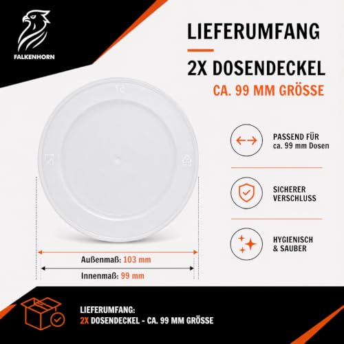Falkenhorn Dosendeckel für Tierfutter – 2 Stück für 800g Hundefutter & Katzenfutter Dosen – Lebensmittelecht, Spülmaschinenfest, Wiederverwendbar, Made in Germany – Frische & Geruchsbindung