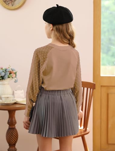 Image of Yekaty Girls Shirts Casual Solid Color Crewneck Blouses Soft Long Sleeve Swiss Dots Chiffon Tops