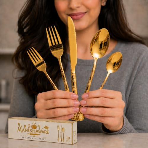 Image of Floral Gold 10 Pcs Stainless Steel Cutlery Set for Dining Table, Dishwasher Safe Glossy Flatware (2 Spoon Set+2 Forks Set+2 Butter Knife+2 Dessert Spoon+ 2 FruitFork)