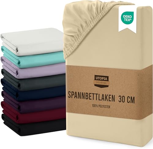Utopia Bedding - Spannbettlaken 140x200cm Bis 30 cm - Beige - Oeko-Tex Zertifiziertes - Gebürstete Mikrofaser Spannbetttuch