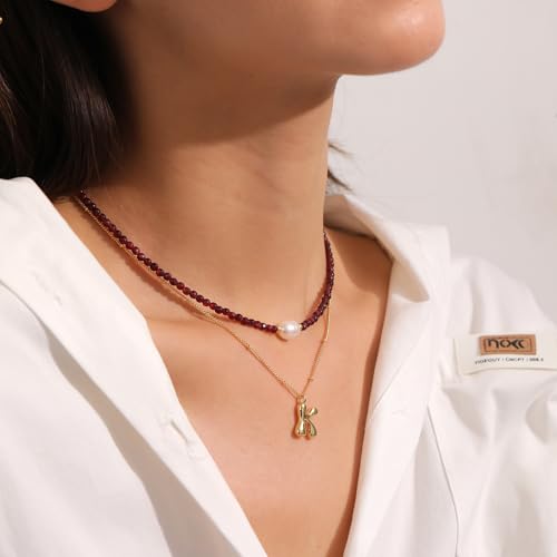 Flourisit Gemstone Beaded Necklace with Freshwater Pearl,Natural Handmade Irregular Pearl Necklace for Women,14k Gold Plated February Birthstone of Choker Gift for Mom, Girlfriend, Wife4