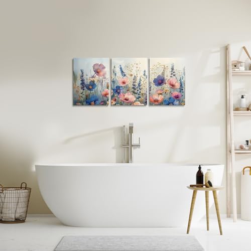 Décoration murale fleurs sauvages aquarelles triptyque tableau salon et chambre enfant