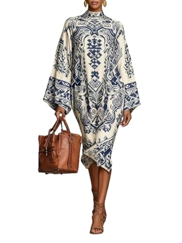 OSCORP Women’s Beige Blue Retro Geometric Print Turtleneck Maxi Dress,