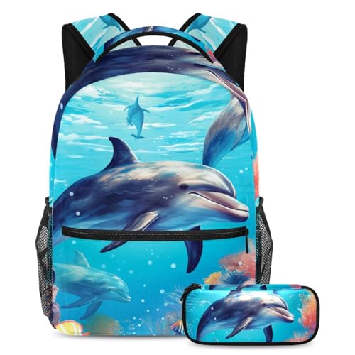 Sac à dos baleine coloré avec trousse pour écoliers et ados