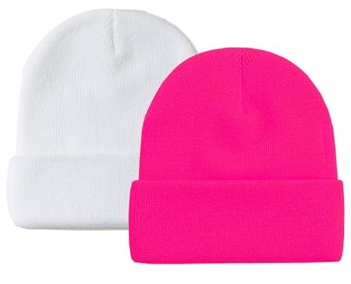ZOORON Beanie for Men Women Warm Winter Hats Acrylic Knit Cuffed Beanie Cap Unisex White/Rose