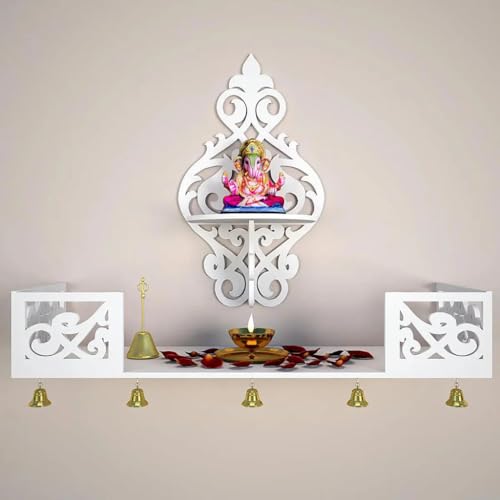 Image of Beautiful Wall Hanging Wooden Temple /Pooja Mandir Design with Shelf, White Color Design - 15