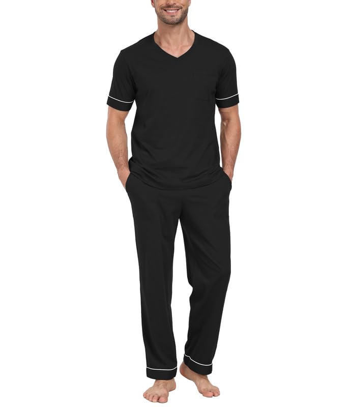 CF Mens Pajamas Set Cotton Sleepwear Soft Short Sleeve Pjs Comfy 2 Piece Nightwear V-Neck Long Pants Loungewear with Pockets2