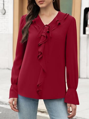 Funlingo Women's Long Sleeve Tops Dressy Casual Ruffle V Neck Chiffon Blouse Fall Outfits Trendy Work Shirts2