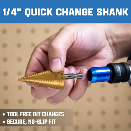 Image of NEIKO 10628A Step Drill Bit, 2 Steps 7 /8 inch to 1-1 /8 inch Straight High Speed Steel, Titanium Nitride Coated, 1 /4 inch Quick Change Step Bits for Steel, Metal, Wood, Plastic, Unibit Cone Drill Bits, Two Flute