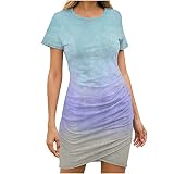 Qigxihkh Damen Sommer Rock Lässig Mode Kleider Bequem Frauen Röcke Damenmode Lässig Rundhalsausschnitt Kurzärmeliges Farbverlaufskleid mit Farbverlauf(Blau, XL)