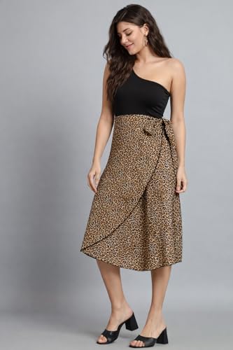 Image of Women's Floral & Animal Print Wrap Skirt - Midi Length A-Line Summer Skirt with Side Tie-Up, Tropical Cheetah Tiger Casual Beach Wear