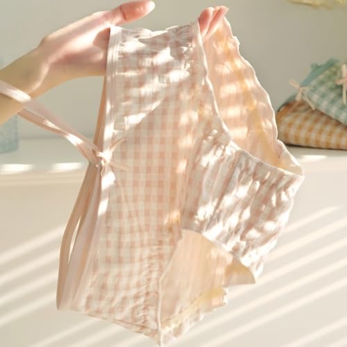 Korean Cute Cotton Plaid Panties for Teen Girls,Ruffled Trim Mid Rise Underwear,Breathable for All Season,6 Pack2