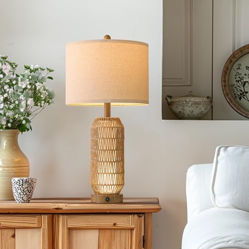 Image of OYEARS 25 inch Table Lamps Set of 2 with Night Light,Bedside Lamps for Bedroom,Boho Lamps with USB C+A Charging Ports,Farmhouse Table Lamp with Rattan,Frosted Glass,Linen Shade (Wood Grain,Bulb Included)