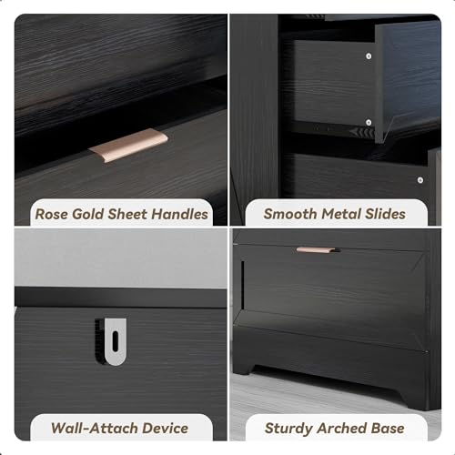 FTZxHKLX Modern 4 Drawer Dresser for Bedroom, Tall Bedroom Dresser with Large Drawer & Rose Gold Handles, Wooden Storage Organizer Cabinet Chest of Drawer for Closet, Living Room, Hallway, Black