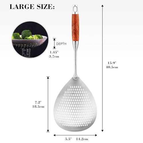 Image of 40 cm Stainless Steel Skimmer Spoon | 316 Grade Deep Fry Strainer with Wooden Handle | Heat Resistant Slotted Ladle for Frying, Cooking & Oil Draining