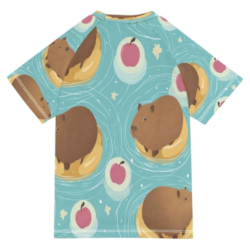 Boys Short Sleeve T-Shirts Capybara Apple Cartoon Rashguard Kids Swim Shirts Sun UPF 50+2