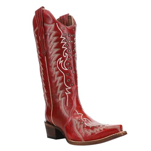 Corral Boots Womens Embroidered And Studded Snip Toe Casual Boots Mid Calf Low Heel 1-2" - Red2