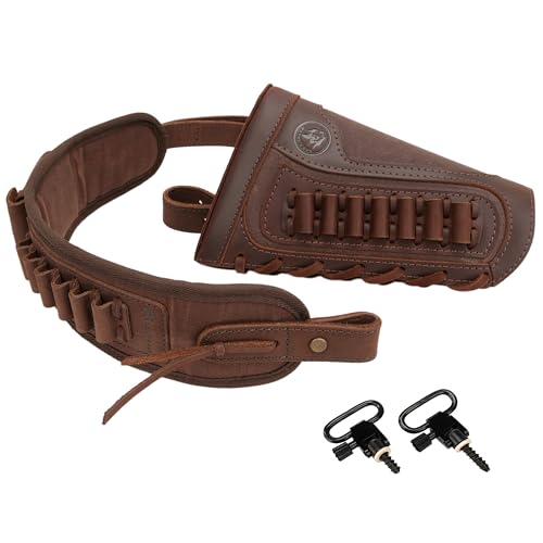 Leather Canvas Buttstock Shell Holder with Rifle Shoulder Strap .308 .45-70 .30-30 .22LR 12GA (Coffee, with Swivels, .357 .30-30 .35 .38)