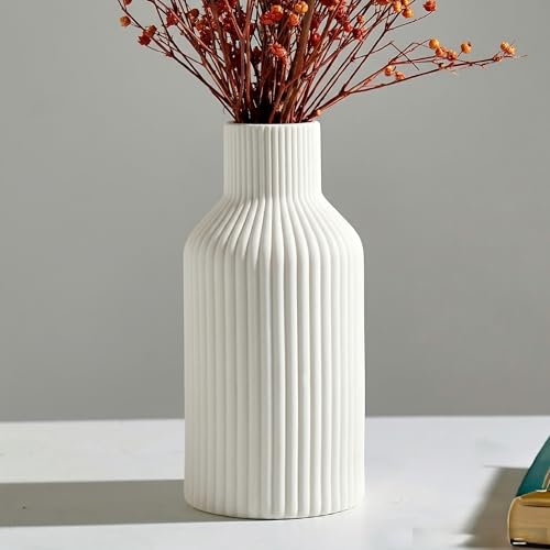 YOMKILU Jarrón de cerámica de 20cm de alto, con hierba de la pampa. Pequeño jarrón para decoración, mesa de comedor, estantería, repisa de chimenea y entrada, Sencillo, moderno, estilo bohemio, blanco