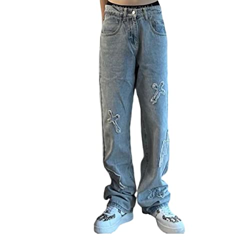 Y2K Men's Cross Patch Embroidered Jeans Hip-hop Street Fashion Design Casual Loose Straight Jeans