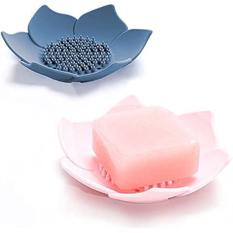 Soap Dishes with Draining, Bathroom Bar Soap Holder for Shower, Soap Tray for Kitchen Sink, Silicone Flower Shape Soap Saver for Counter, Bathtub. Extend Soap Life, Easy Dry (2 Pack, Pink + Blue) Cover