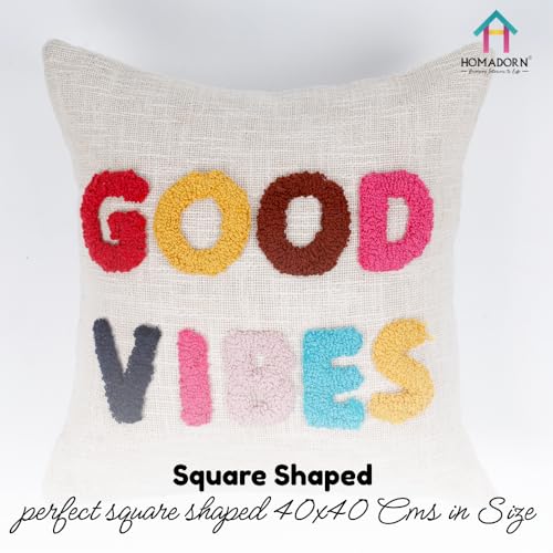 Image of HOMADORN 100% Cotton Hand Tufted Cushion Cover | Text Pattern Decorative Pillow Case | Boho Sofa Cushion Cover for Living Room | Soft & Durable | (16x16 Inches) (1, Good Vibes Multicolor)