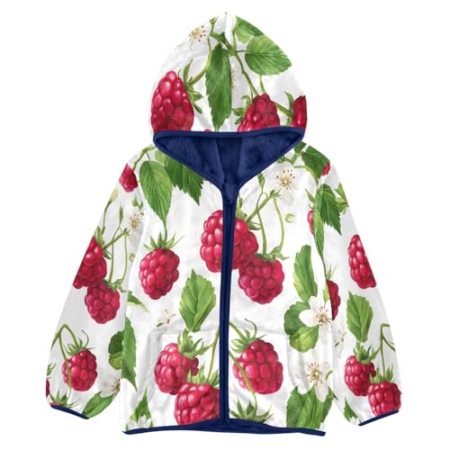Raspberry Flower Leaf Pattern Toddler Fleece Jacket Girl Boys Hooded Fleece Jacket Coat Warm Outwear Zip-up 3-10T