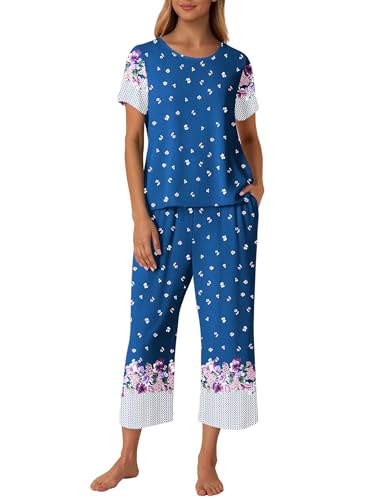 Image of Ekouaer Women's Two Piece Lounge Set Short Sleeve Shirt and Capri Pants Mumu Pajama with Pockets Loungewear Pjs Sets