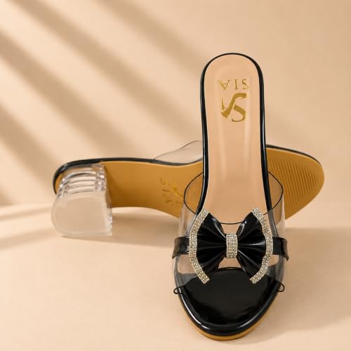 Image of Women's Transparent Block Heel Sandals with Rhinestone Bow, Clear Strap Slip-On Party Heels for Women