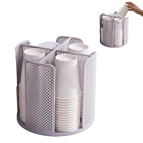 mumisuto Soporte de Taza Giratorio 360°, Organizador de Taza de Café con 4 Compartimentos, Portavasos de Papel Desmontable, Dispensador de Vasos de Papel para Hogar Oficina Cafetería (Gris)