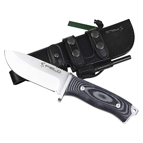 iFIELD Cuchillo Outdoor y Supervivencia Deportivo Workout EL29103, Hoja MOVA de 11,7 cm, Mango micarta Negra, con Funda de Piel Negra, Herramienta de Camping para Pesca, Caza, Actividad Deportiva