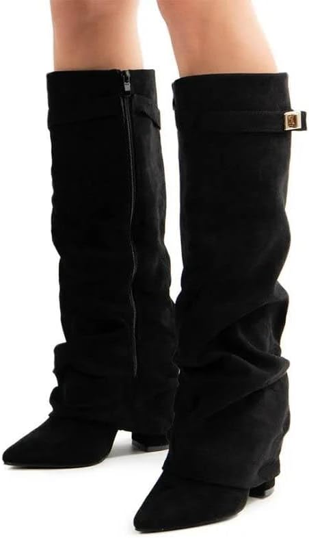 Women Metal Buckle Knee High Boots Pointed Toe Solid Heel Long Fashion Elegant Shoes