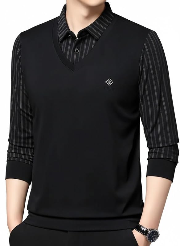Men’s V-Neck Long-Sleeve Sweater Vest with Attached Striped Shirt Look | Smart Casual Formal Wear for Office & Daily Use