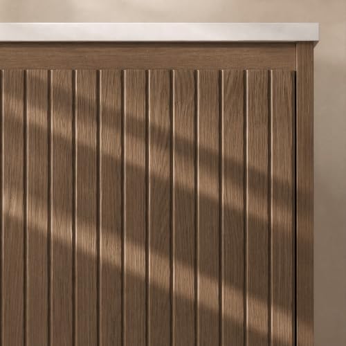 Image of 30 Inch Floating Bathroom Vanity with Ceramic Sink, Modern Striped Wall Mount Vanity Cabinet with Compartmentalized Storage Drawer, Walnut