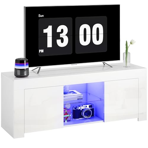 HOMCOM TV Schrank TV Board mit LED 16 Farbige Leuchte, Hochglanz TV Lowboard für Fernseher bis zu 55 Zoll mit 2 Türen, Glasregal, Kabelmanagement Fernsehtisch für Wohnzimmer Weiß 120x34x45cm