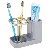 mDesign Plastic Toothbrush/Toothpaste Storage Organizer Holder with Cup for Bathroom, Vanity, Countertop Space - Holds Electric Toothbrush, Brush and Other Bathroom Accessories - Gray/Satin