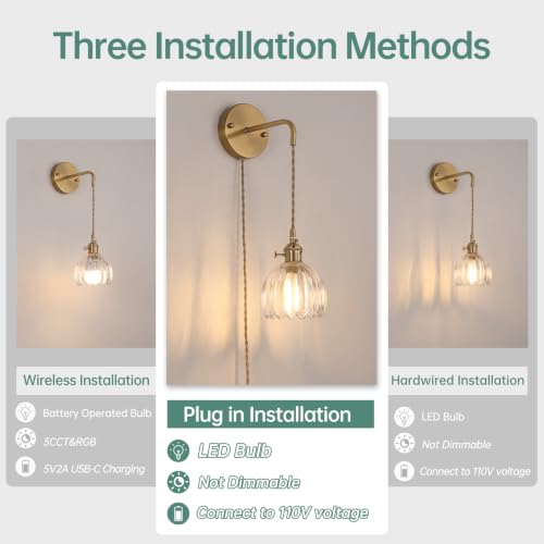 Image of Shenmoyl Vintage Wall Sconce Wall Lamp with Clear Tulip Glass Shade Hanging Wall Sconce with 4.9FT Plug in Cord, Modern Wall Lamp Fixtures Decor for Bedside Bedroom Indoor Doorway