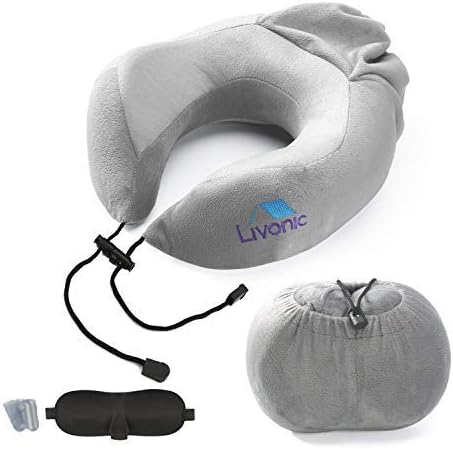 Livonic Travel Pillow - Pure Memory Foam Neck Pillow with Sleep Mask, Earplugs & Attached Carry Bag Bundle | Ergonomic Neck Support Pillow for Airplanes, Car, Train, Bus, Full Head & Neck Support