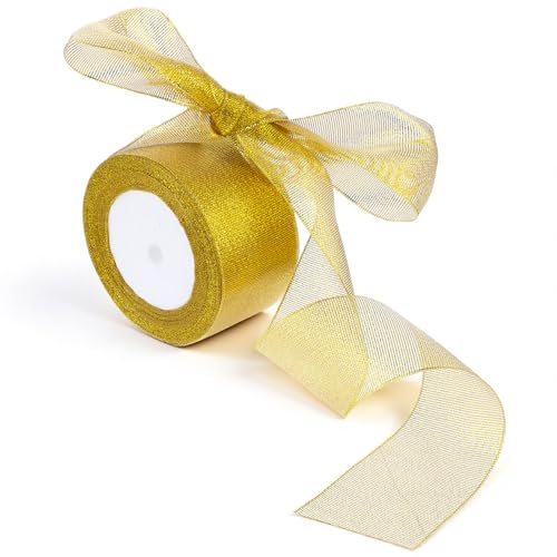 2 Inches 50 Yards Wide Gold Glitter Ribbon Wired Edge Sparkly Metallic Fabric Ribbons for Gift Wrapping Crafts Holiday Wedding Birthday Party Decoration Flower Bouquet