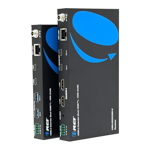 Image of OREI SplitXtend 4K Dual Monitor Over Ethernet KVM USB 3.2 Cat6 Extender LAN Upto 330 Feet - DisplayLink HDMI Dual Host Extends 2X USB-C / 2X USB-A - RS-232, PoC | USB Extender Over Ethernet, USB Extender Over CAT5 - 5Gbps, Dual HDMI 4K60, Auto /Manual Host Switching, 3.5mm Audio