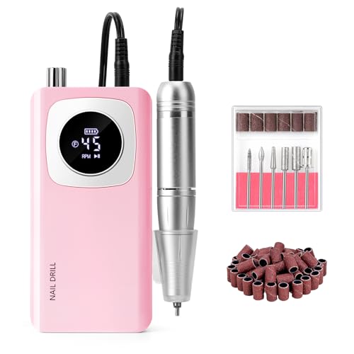 Madenia Lima de uñas eléctrica de 45000 RPM, máquina profesional recargable con pantalla LCD, lima electrónica inalámbrica portátil para uñas acrílicas, gel, salón de belleza, uso doméstico (rosa)