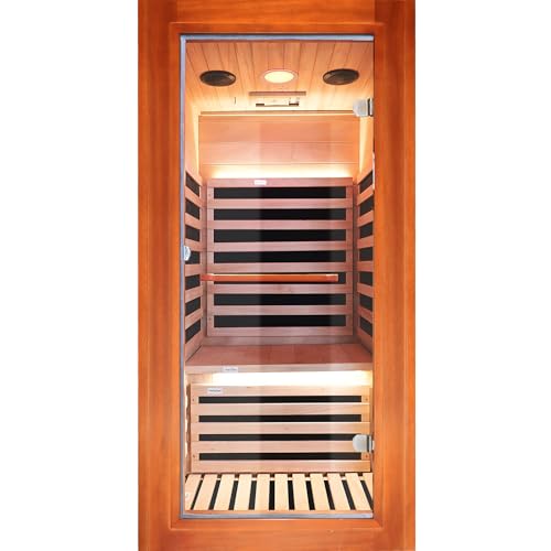Heawarm 1- Person Far Infrared Sauna, Low EMF 1020W/110V with Control Panel and Tempered Glass Door, Indoor Sauna with Control Panel and Tempered Glass Door, Safe Flame-Retardant Material, Wood
