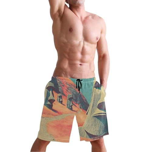 Men's Swim Trunks Easter Island Statue Print, Quick Dry Beach Board Shorts with Lining-S4