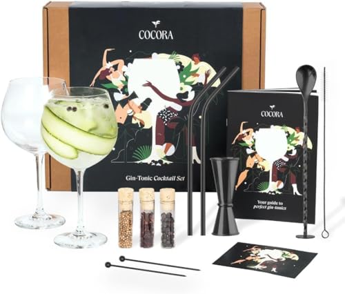 Set de Regalo Cocora Gin Tonic | Juego de cóctel de 11 Piezas | Accesorios para Ginebra | Copas de cóctel, Taza medidora, pajitas | Caja de Regalo con Juego de Ginebra para Hombres y Mujeres