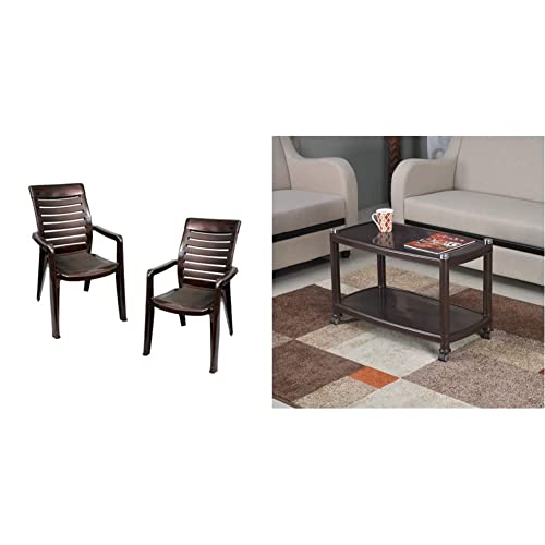 Image of Nilkamal 2180 Plastic Chair (Brown, Set of 2) CENTBL5 Plastic Contemporary Center Table (Weather Brown)