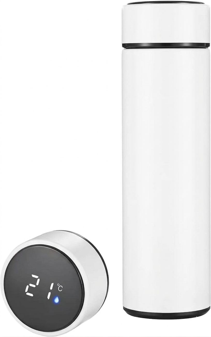 Garrafa Térmica com Visor de Temperatura, garrafa de Inox, garrafa de 500ml, garrafa de agua com Isolamento Térmico, com parede dupla, Portátil, Chá e Bebidas Quentes ou Frias, inoxidavel (branco)