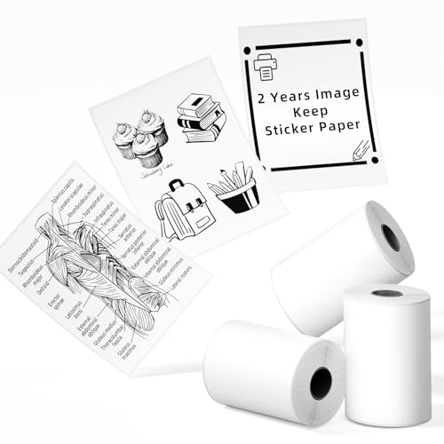 Phomemo Sticker Paper- for T02/T02Pro/Q02E/M02X/Y02C/Q02 Mini Printer, White Thermal Sticker for Study Notes, Photo, DIY, Stickers, Image Time 2 Years, Black on White Sticky Paper, 50mm x3.5m, 3 Rolls