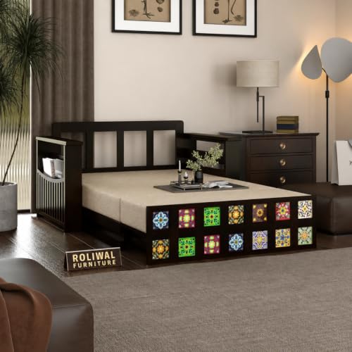 Image of Solid Sheesham Wood Sofa Cums Bed with Mattress & Storage | Rosewood Convertible Sofa Bed for Living Room & Bedroom (F-Walnut, 2 Seater)