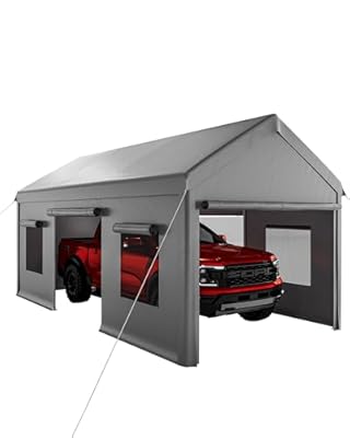 Garvee 10x20 Carport Canopy, Heavy Duty Car Port with Waterproof Tarp, Roll-Up Windows & Doors, Outdoor Portable Garage with Removable Sidewalls, for Car, Boat, Truck, Motorcycle, Grey